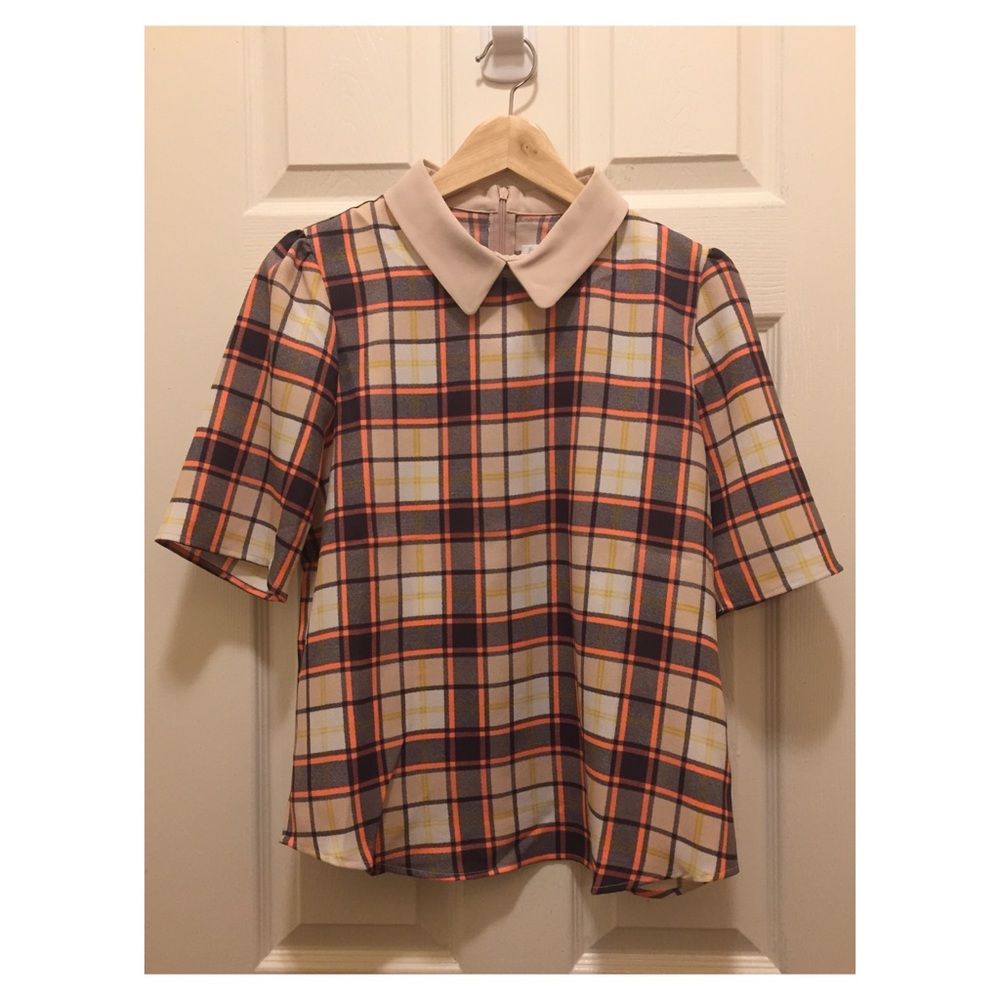 CHECK PRINT BLOUSE WITH NEON POP COLOR